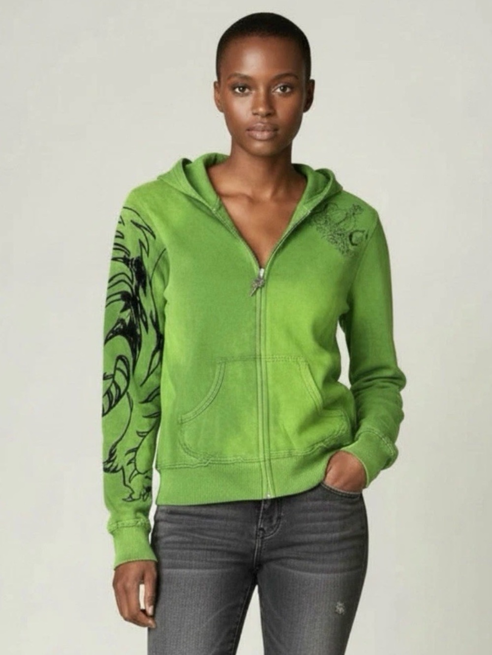 Key Closet Green Full Zip Y2K Tie Dye Distressed Graphic art Hoodie XS Deadstock